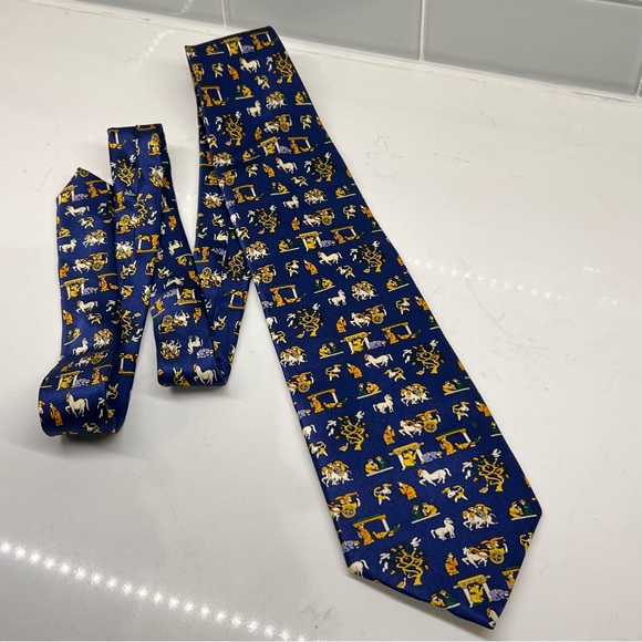 LANBO Dark Blue Cream Gold Green Chinese / Horse Print 100% Silk Neck Tie 57” - Picture 1 of 9